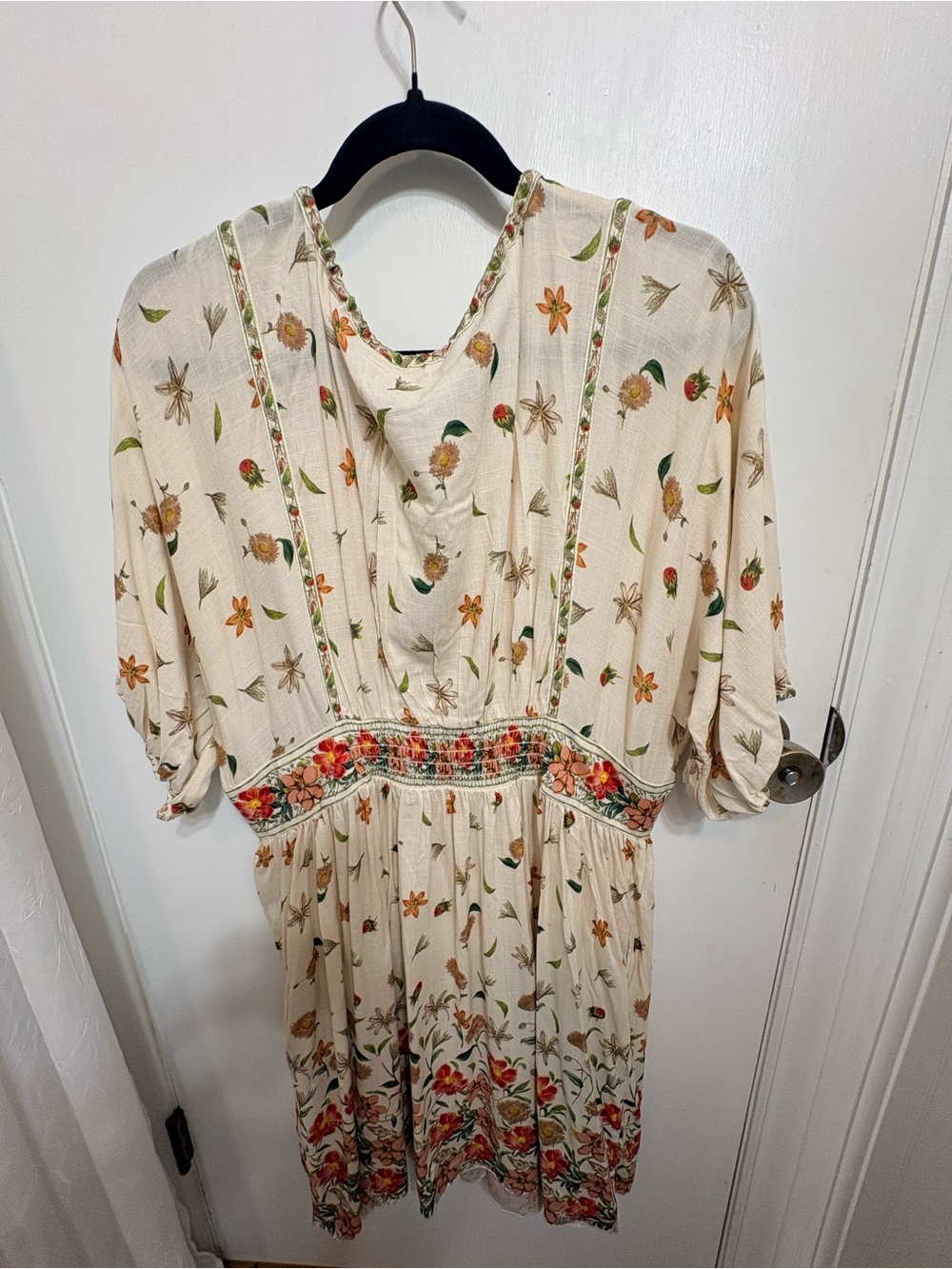 Fall Boho Cottagecore NWT Cream Floral Midi Dress with Orange & Green Accents